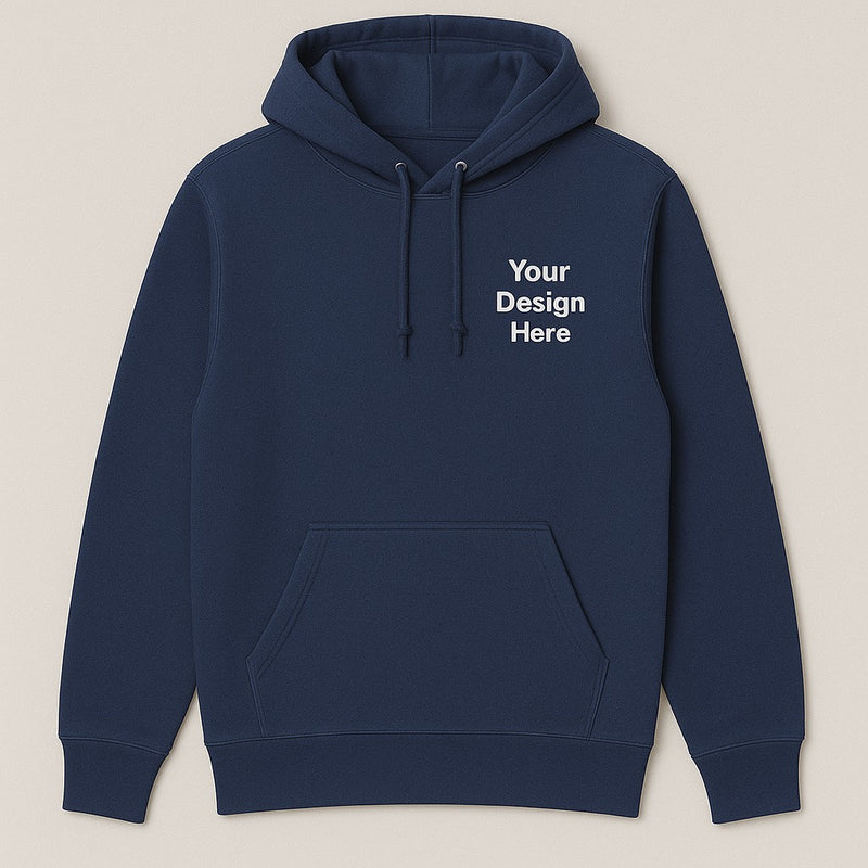 Navy blue hoodie Front view of Gildan 18500 hoodie prepared for custom embroidery and DTF printing by Sharp Stitch in Niles IL serving Chicago IL and customers nationwide.
