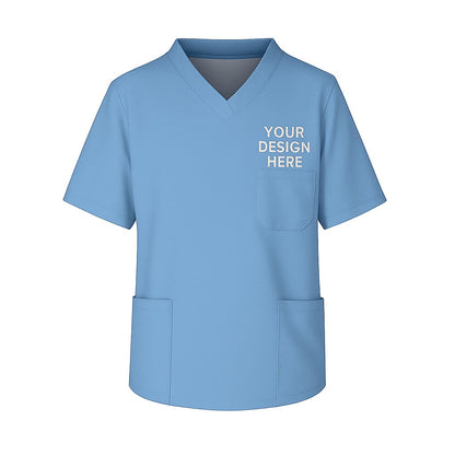 Blue Short sleeve unisex scrub top featuring V-neck and left chest full-color DTF printed hospital or business logo. Designed for medical staff.
