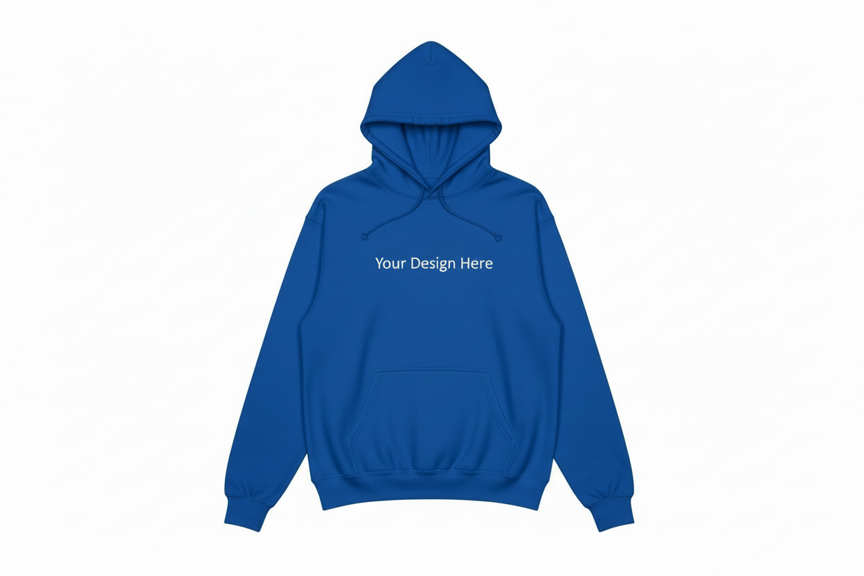 Navy blue custom hoodie showing “Your Design Here” in the center chest area, customizable with embroidery or DTF printing by Sharp Stitch in Niles and Chicago IL; perfect for custom gifts, events, business logos, and USA bulk orders.