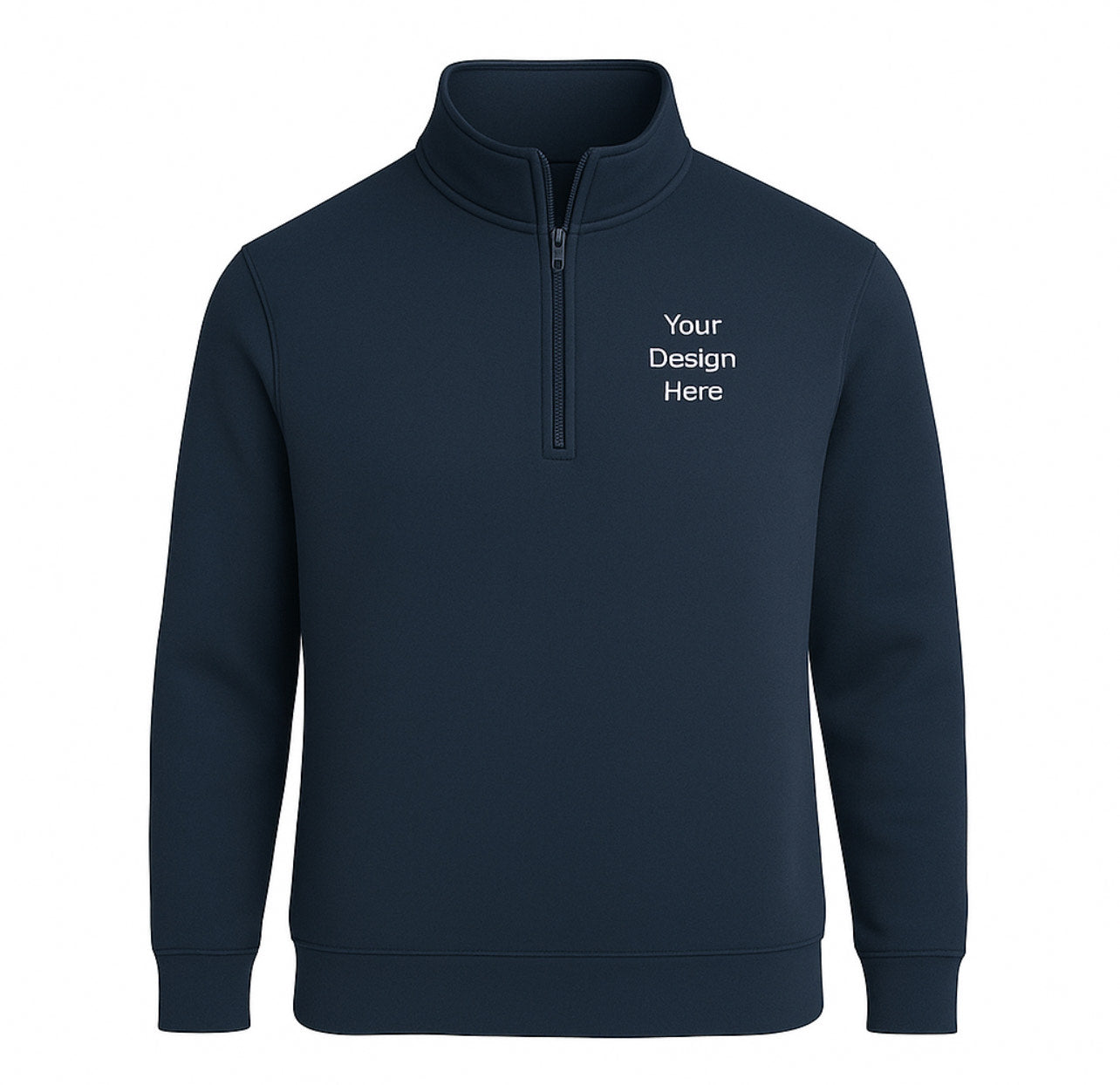 Navy blue half-zip sweatshirt Professional workwear 1/4-zip fleece designed for corporate staff uniforms and team apparel with custom embroidery. with 'Your Design Here' text on a white background
Unisex fleece 1/4-zip sweatshirt with left chest business logo embroidery. Available in multiple colors from Sharp Stitch in Niles, IL.
