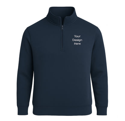 Navy blue half-zip sweatshirt Professional workwear 1/4-zip fleece designed for corporate staff uniforms and team apparel with custom embroidery. with 'Your Design Here' text on a white background
Unisex fleece 1/4-zip sweatshirt with left chest business logo embroidery. Available in multiple colors from Sharp Stitch in Niles, IL.
