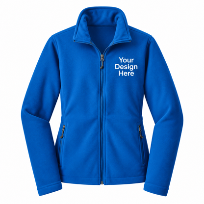 A royal blue zip-up fleece jacket with a stand-up collar, shown on a plain white background. The right chest area features white placeholder text reading 'Your Design Here' indicating a customizable print area.

