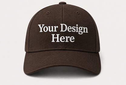 Dark brown baseball cap with professional custom embroidery, ideal for outdoor brands and company uniforms.