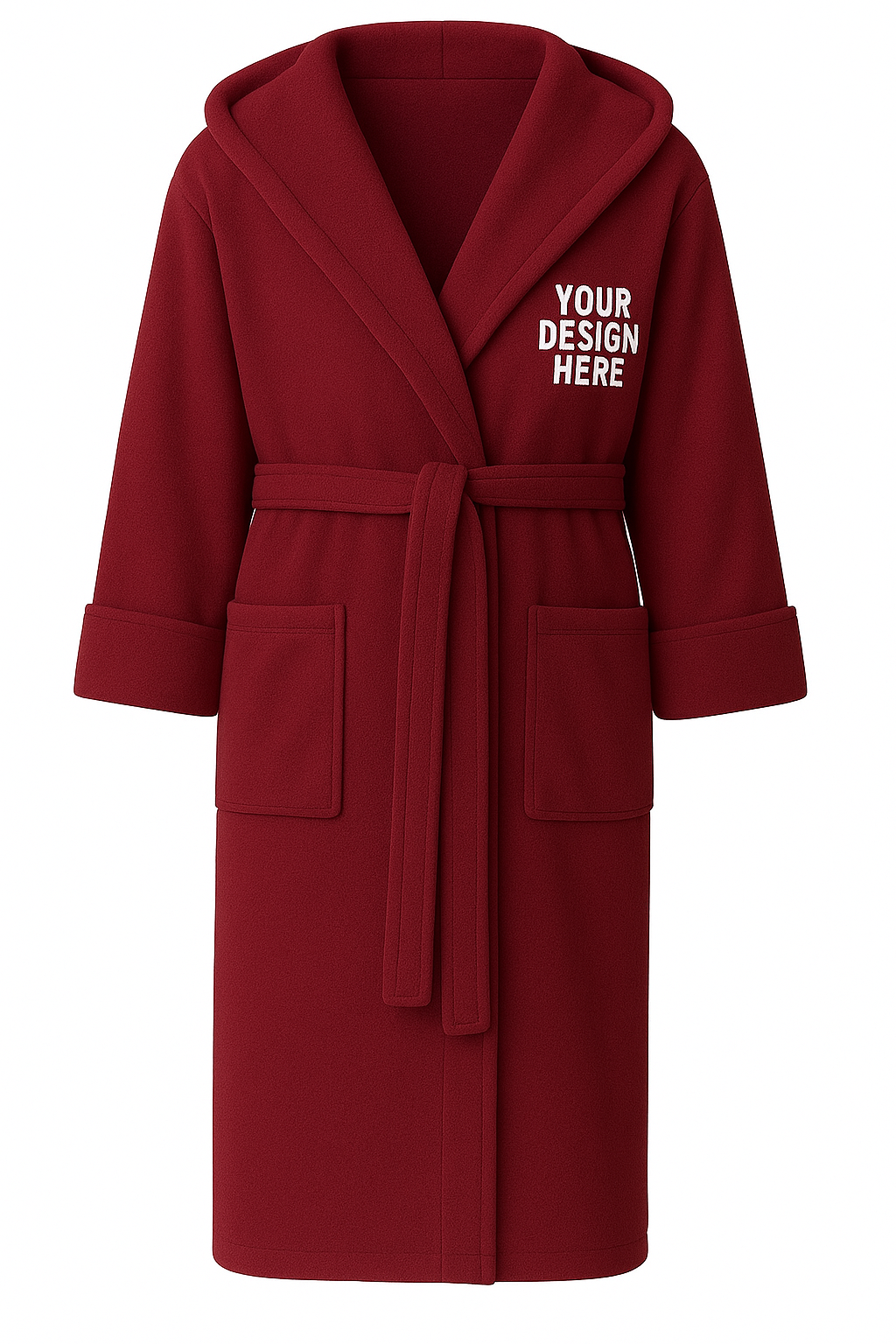 Red robe with a customizable text area on a white background
Unisex plush fleece bathrobe with shawl collar, waist belt, and front pockets. Custom embroidered logo on chest. Perfect for spa, hotel, or lounge wear.
