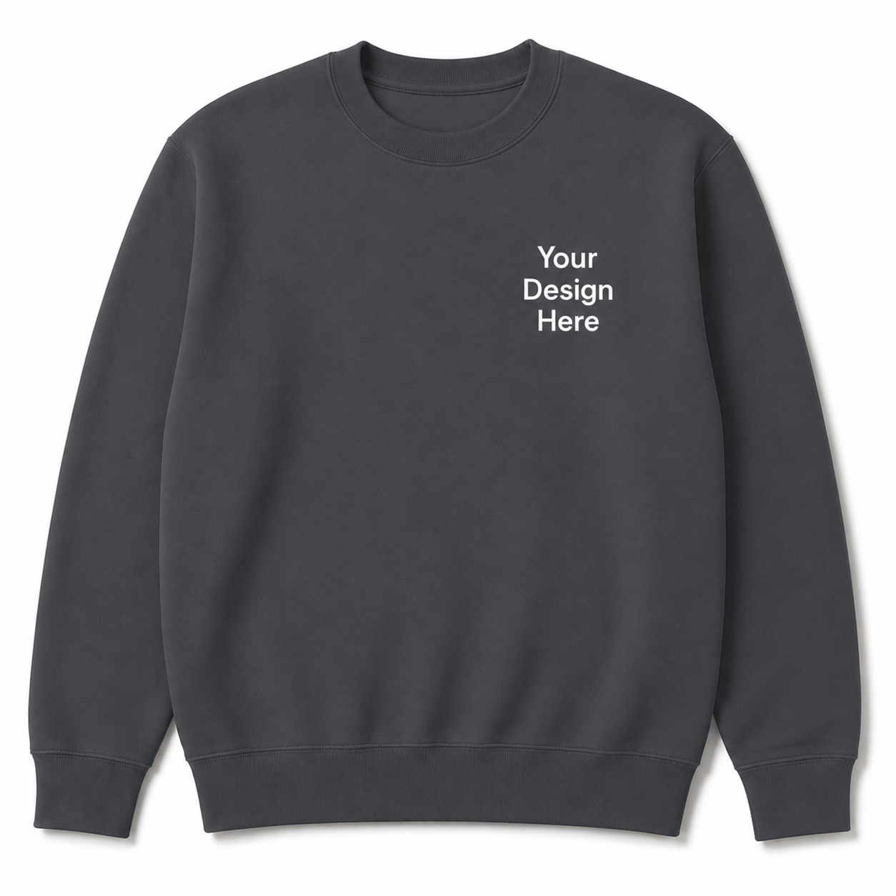 Charcoal gray Gildan crewneck sweatshirt with a left chest embroidery placement. Perfect for custom embroidered company logos, work apparel, promotional clothing, and personalized gifts.