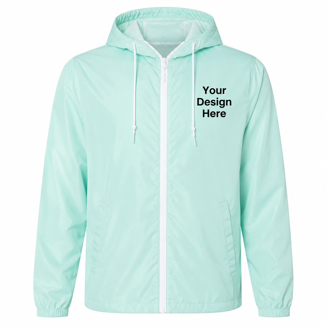 Aqua custom lightweight windbreaker jacket featuring embroidered logo placement and DTF printing.