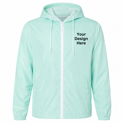 Aqua custom lightweight windbreaker jacket featuring embroidered logo placement and DTF printing.