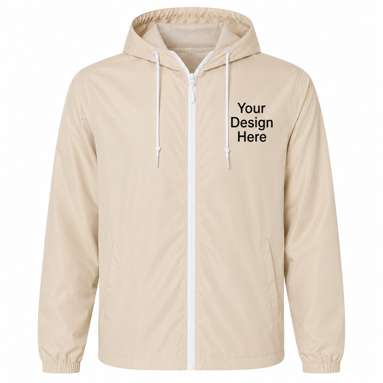 Beige lightweight custom windbreaker jacket with left chest logo embroidery and DTF printing.