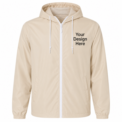 Beige lightweight custom windbreaker jacket with left chest logo embroidery and DTF printing.