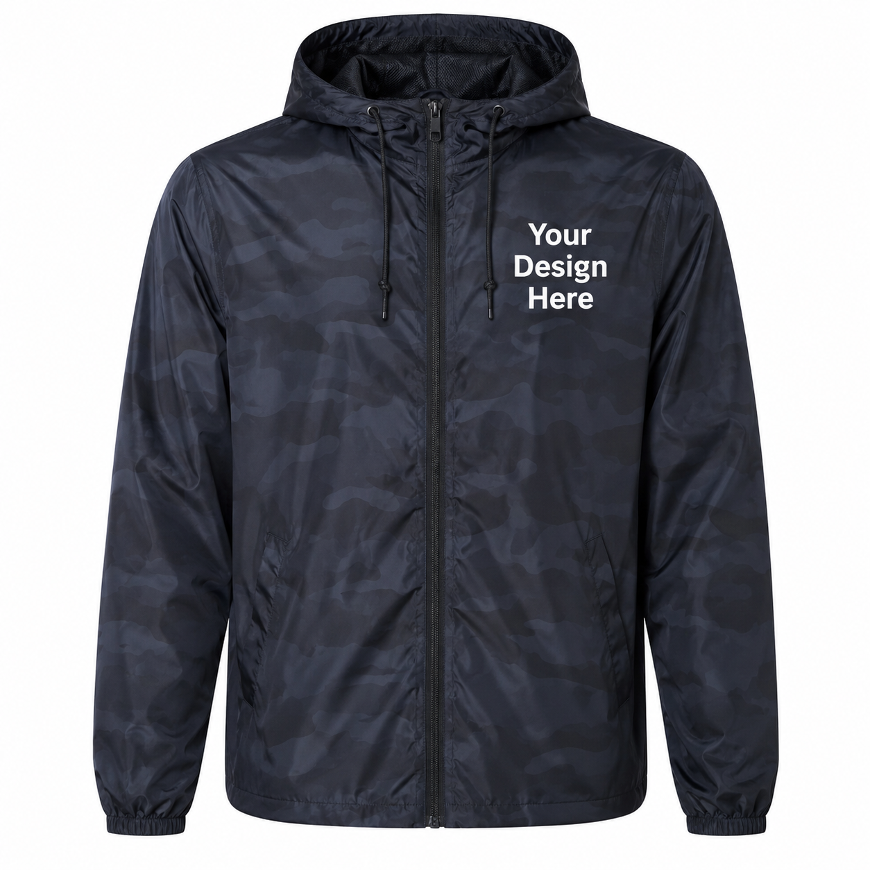 Black camouflage windbreaker jacket customized with embroidered logos and premium DTF printing.