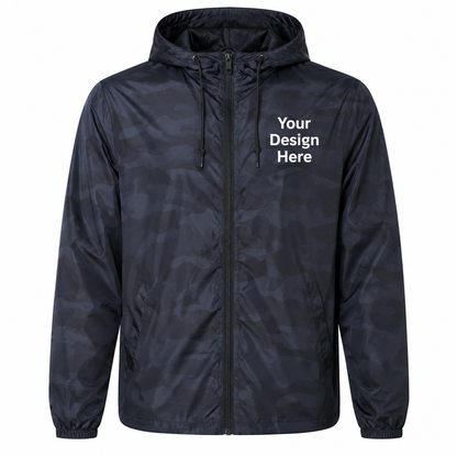 Black camouflage windbreaker jacket customized with embroidered logos and premium DTF printing.