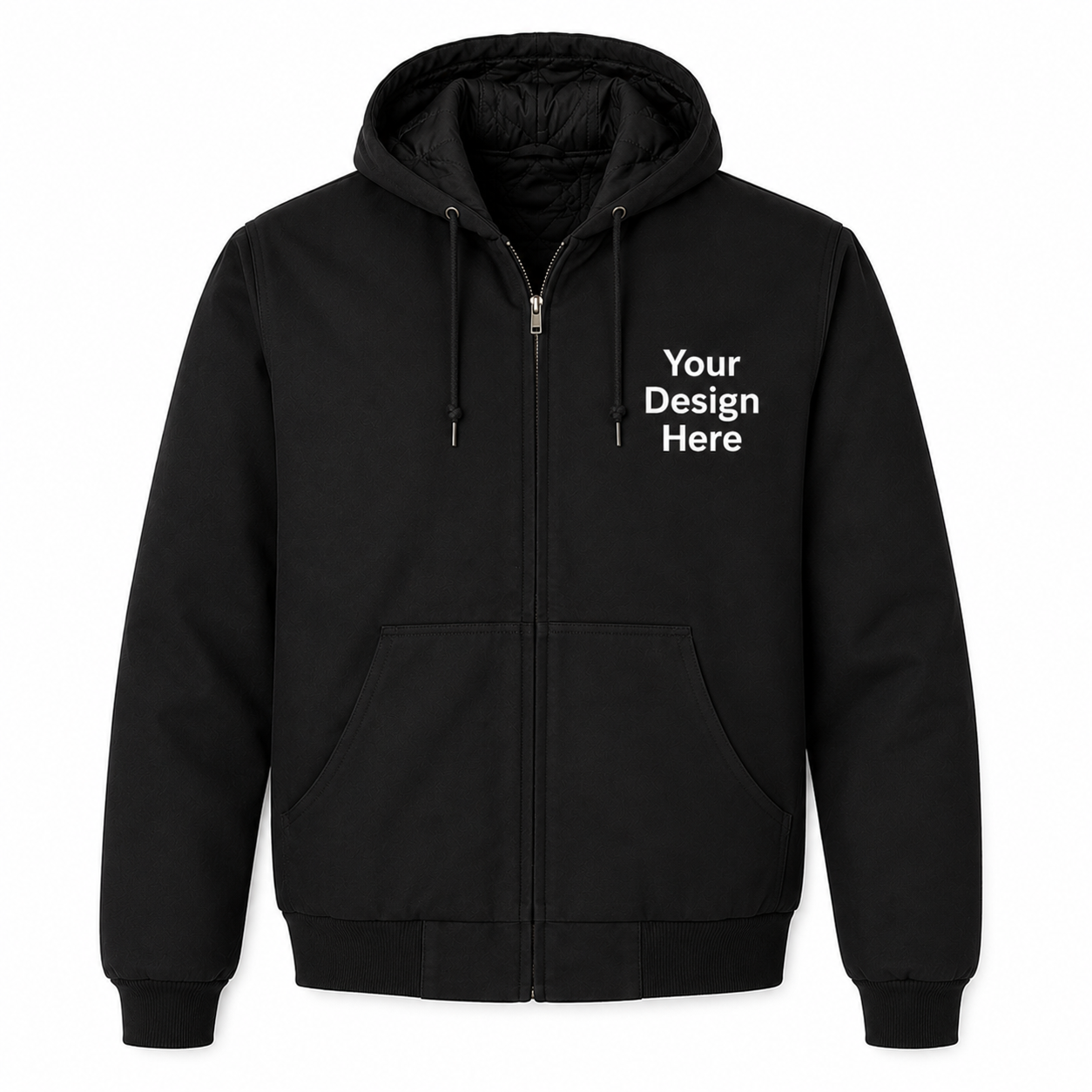 Black custom embroidered duck cloth hooded work jacket with left chest logo customization by Sharp Stitch.
