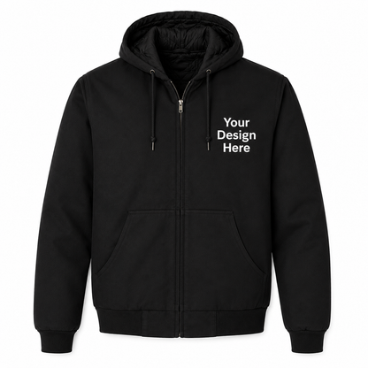 Black custom embroidered duck cloth hooded work jacket with left chest logo customization by Sharp Stitch.