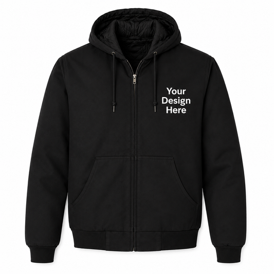 Black custom embroidered duck cloth hooded work jacket with left chest logo customization by Sharp Stitch.