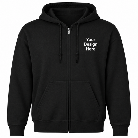 Black full-zip hoodie for custom embroidery and DTF printing with left chest logo placement by Sharp Stitch.