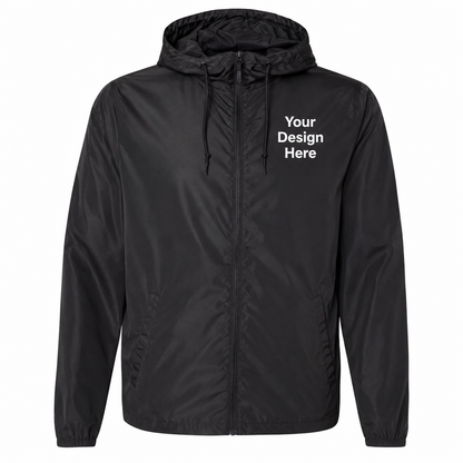 Black custom lightweight windbreaker jacket with left chest logo embroidery and DTF printing by Sharp Stitch.