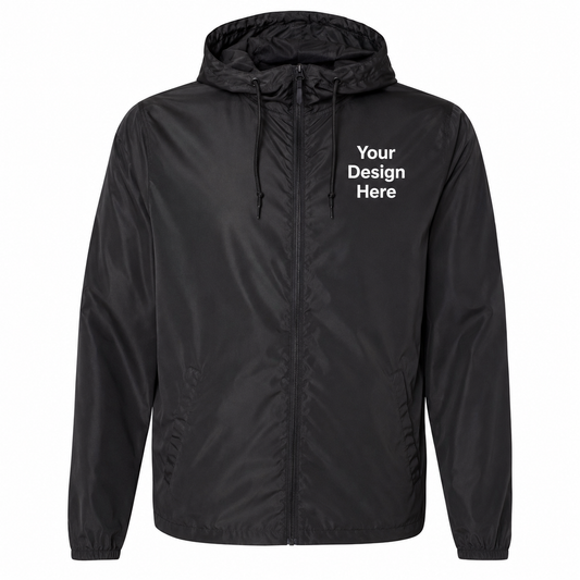 Black custom lightweight windbreaker jacket with left chest logo embroidery and DTF printing by Sharp Stitch.