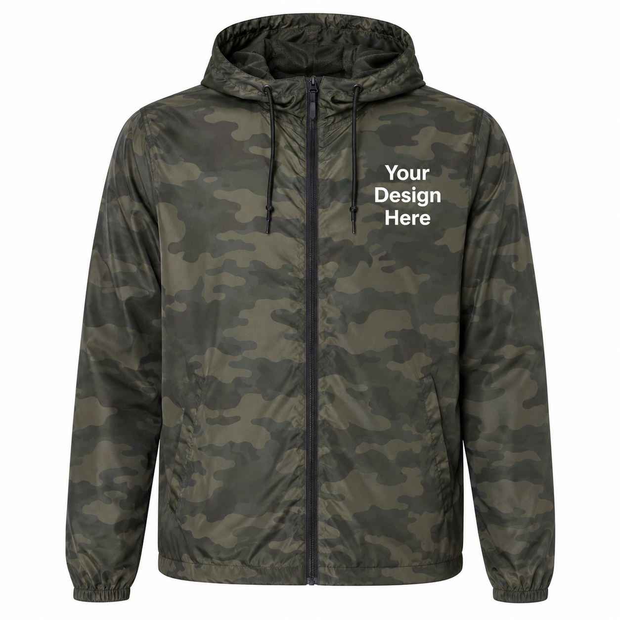 Woodland camouflage custom windbreaker jacket with embroidered logo placement and DTF printing.