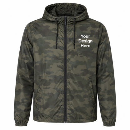 Woodland camouflage custom windbreaker jacket with embroidered logo placement and DTF printing.