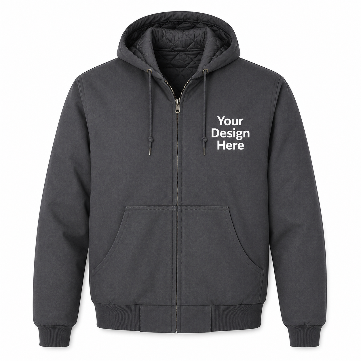 Charcoal duck cloth hooded work jacket with custom left chest embroidery for company uniforms by Sharp Stitch.