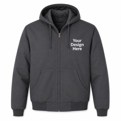Charcoal duck cloth hooded work jacket with custom left chest embroidery for company uniforms by Sharp Stitch.