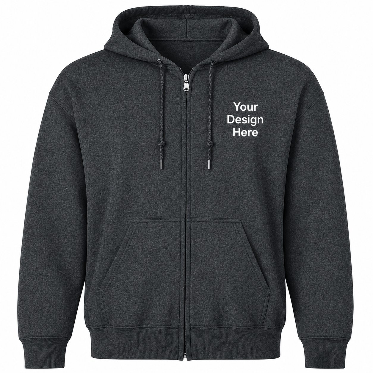Charcoal grey full-zip hoodie with customizable left chest embroidery and DTF printing.