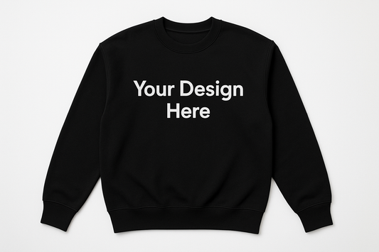 On a plain black crewneck, add text : Your Design Here 
Unisex T-shirt, crewneck, and hoodie featuring a large centered full-color DTF printed design. Available in multiple sizes and colors from Sharp Stitch in Niles, IL.