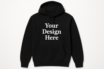 On a plain black hoodie, add text : Your Design Here 
Unisex T-shirt, crewneck, and hoodie featuring a large centered full-color DTF printed design. Available in multiple sizes and colors from Sharp Stitch in Niles, IL.