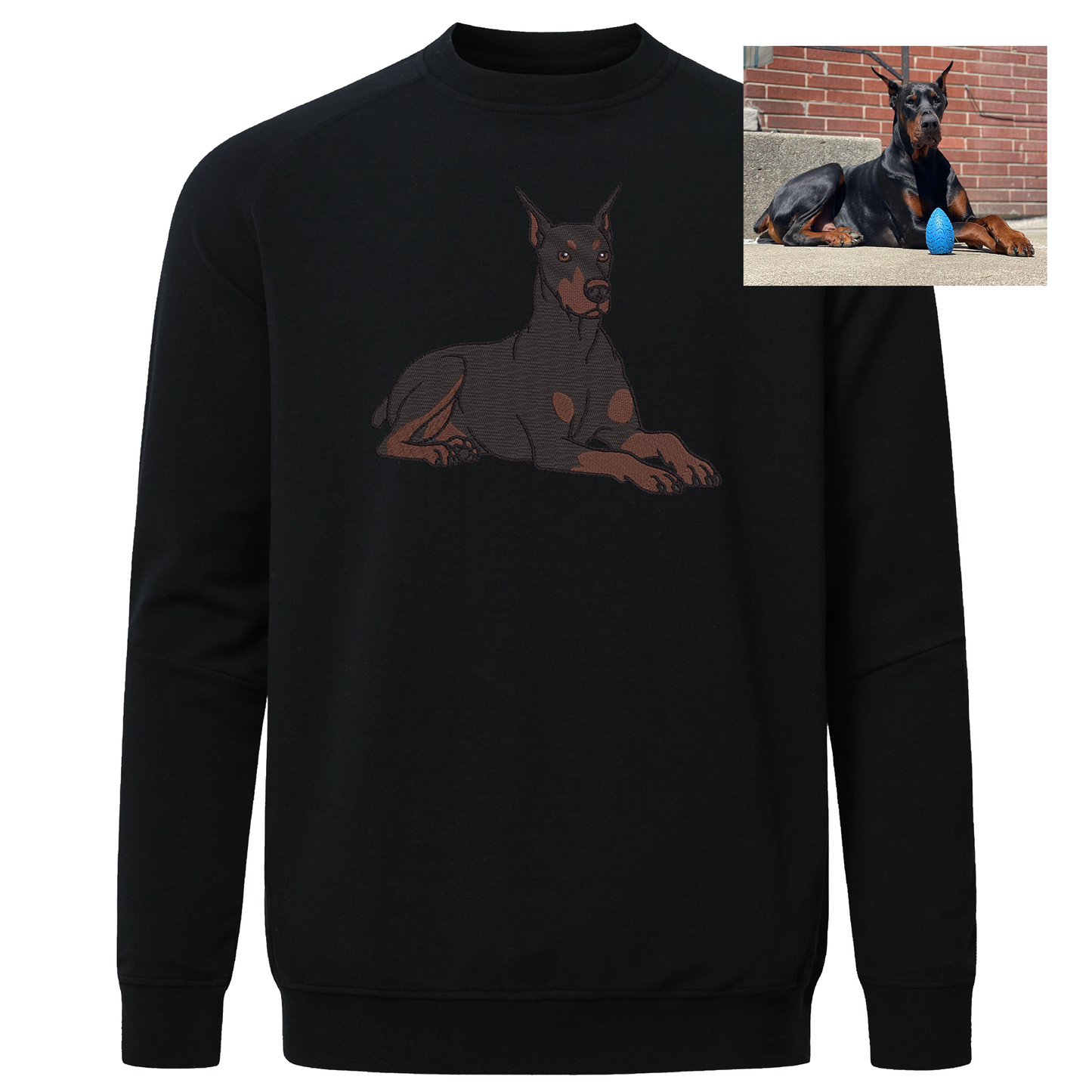 Custom crewneck sweatshirt with detailed embroidery of a dog portrait, perfect for pet lovers.