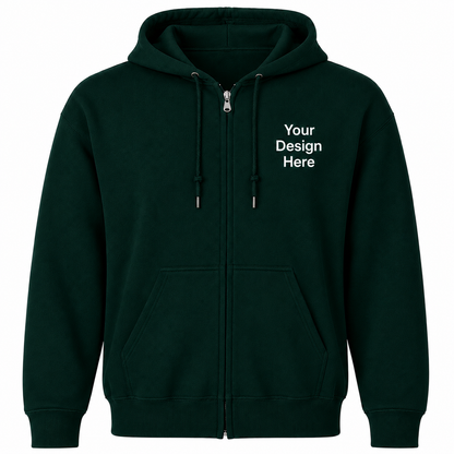 Forest green full-zip hoodie for custom embroidered logos and full-color DTF printing.
