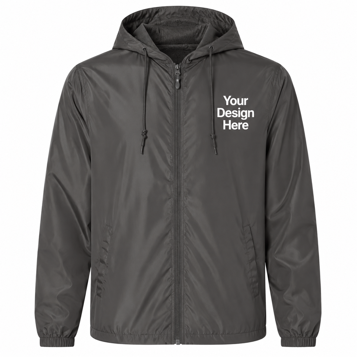Graphite gray custom windbreaker jacket with professional embroidery and DTF printing for business apparel.