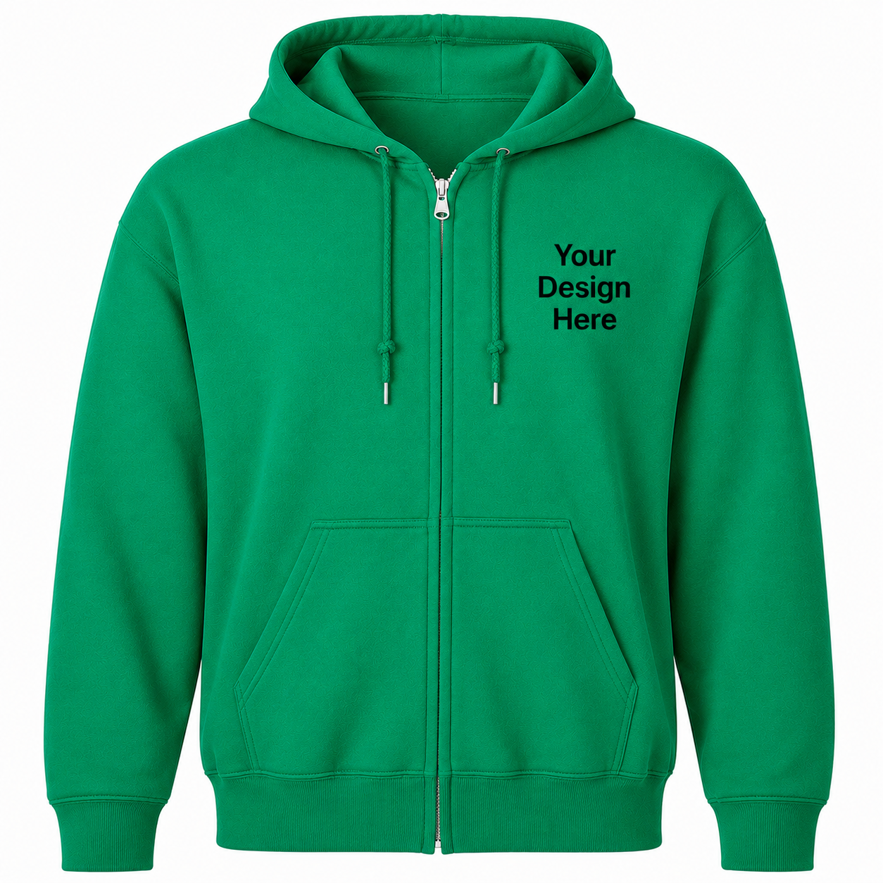 Green custom full-zip hoodie with left chest embroidery or DTF print for businesses, teams, and events.