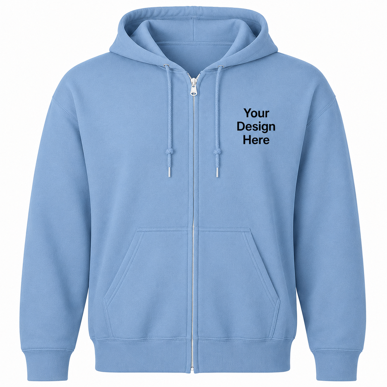 Light blue custom full-zip hoodie with left chest logo embroidery or DTF print by Sharp Stitch.
