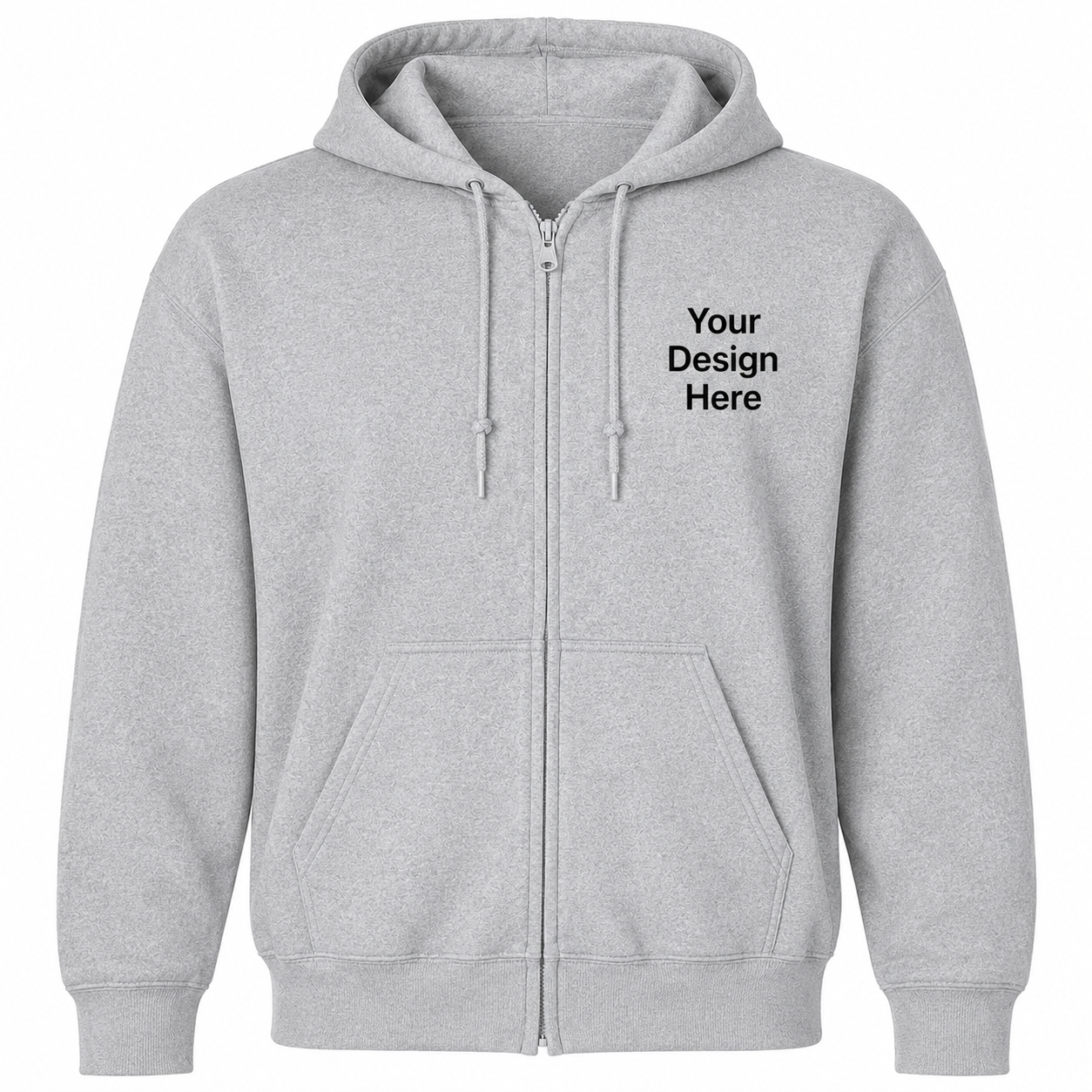 Light grey full-zip hoodie designed for custom embroidery and professional logo printing.