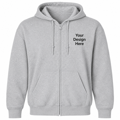Light grey full-zip hoodie designed for custom embroidery and professional logo printing.