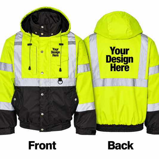 Custom lime and black ripstop safety bomber jacket front and back DTF logo placement on white