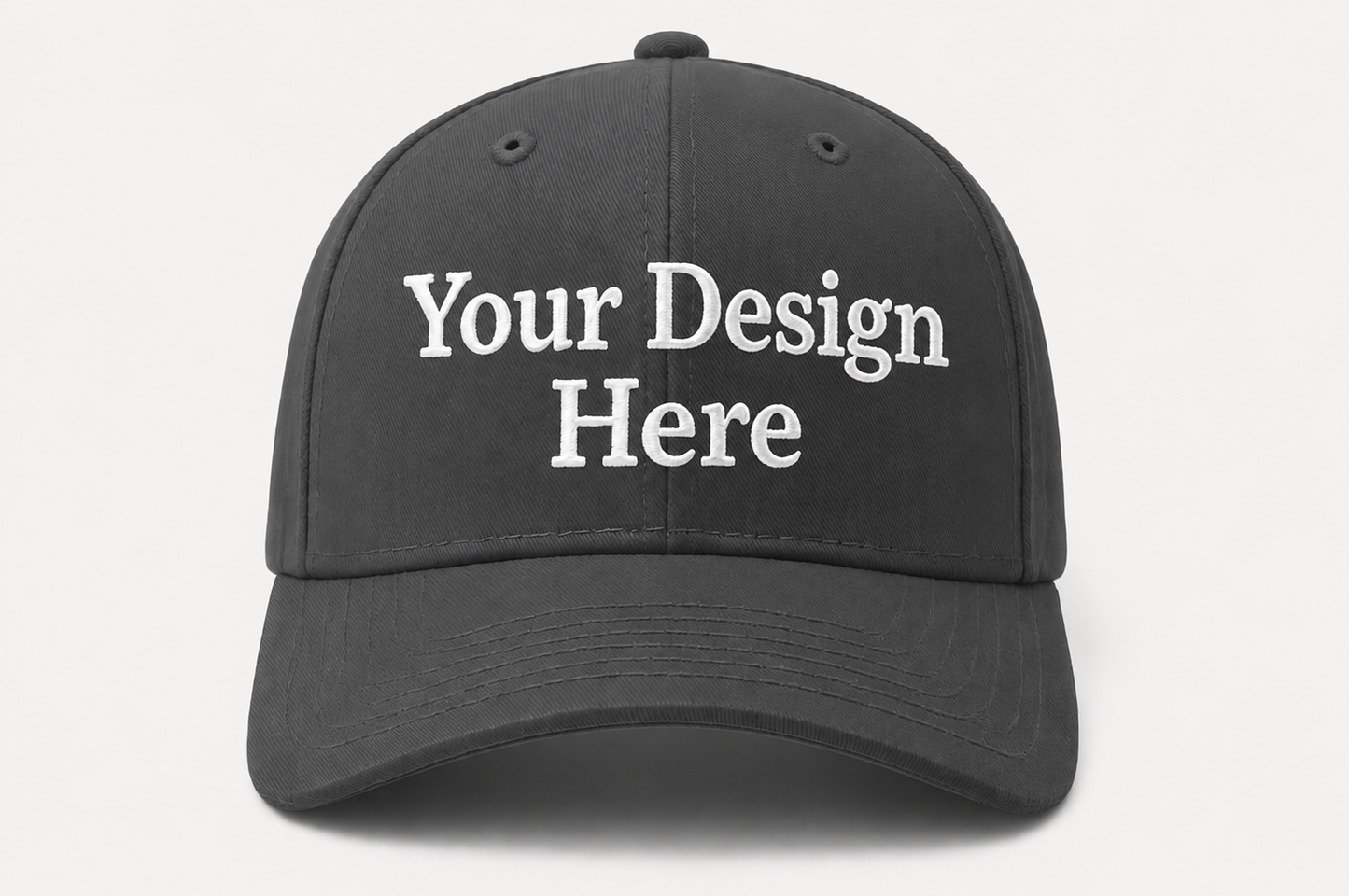 Charcoal gray baseball cap featuring professional custom embroidery for businesses, work crews, and branded apparel.