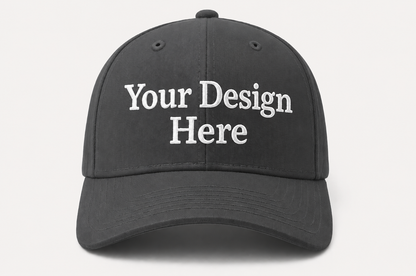 Charcoal gray baseball cap featuring professional custom embroidery for businesses, work crews, and branded apparel.