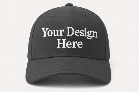 Charcoal gray baseball cap featuring professional custom embroidery for businesses, work crews, and branded apparel.