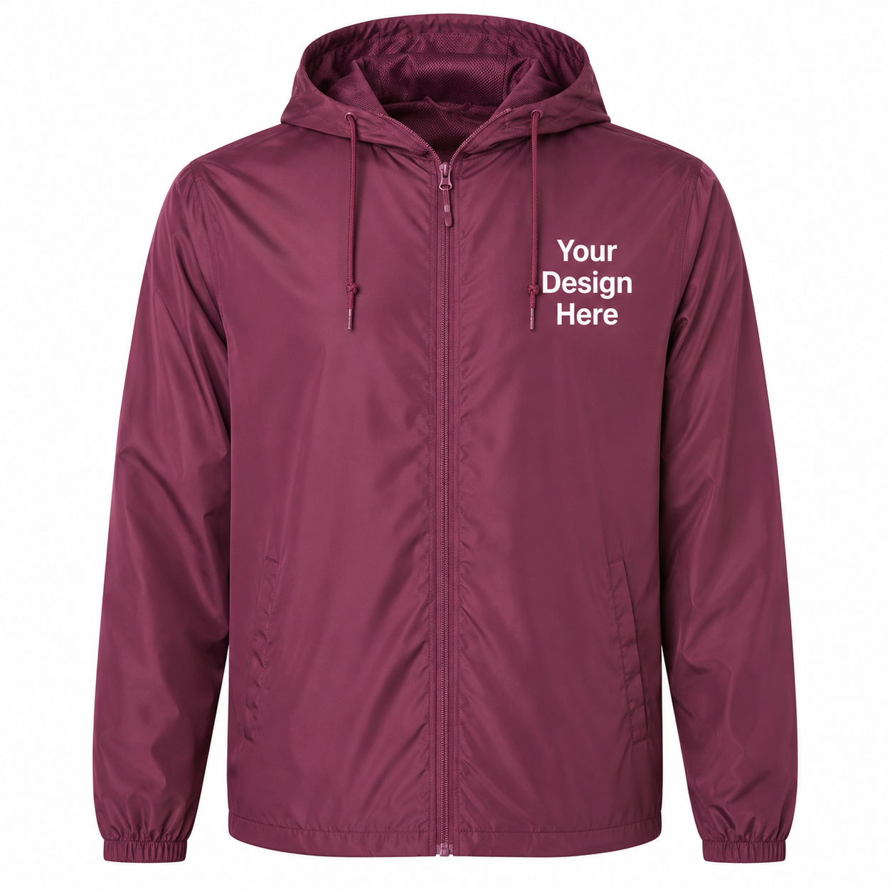 Maroon lightweight windbreaker jacket customized with left chest embroidery and DTF printing.