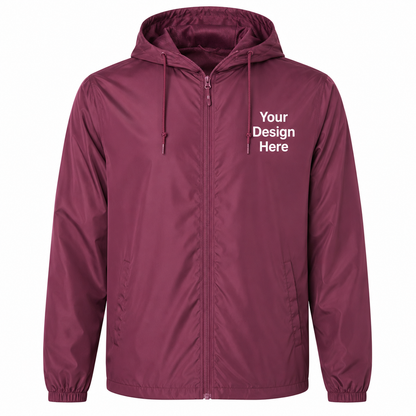 Maroon lightweight windbreaker jacket customized with left chest embroidery and DTF printing.