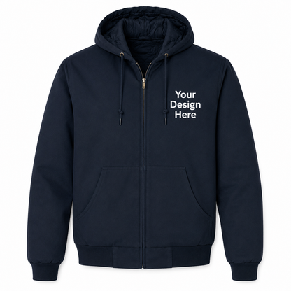 Navy duck cloth hooded work jacket featuring custom company logo embroidery on the left chest by Sharp Stitch.