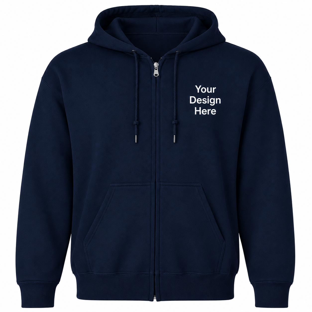 Navy blue full-zip hoodie customized with embroidery or DTF printing for businesses and organizations.