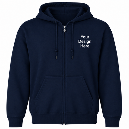 Navy blue full-zip hoodie customized with embroidery or DTF printing for businesses and organizations.