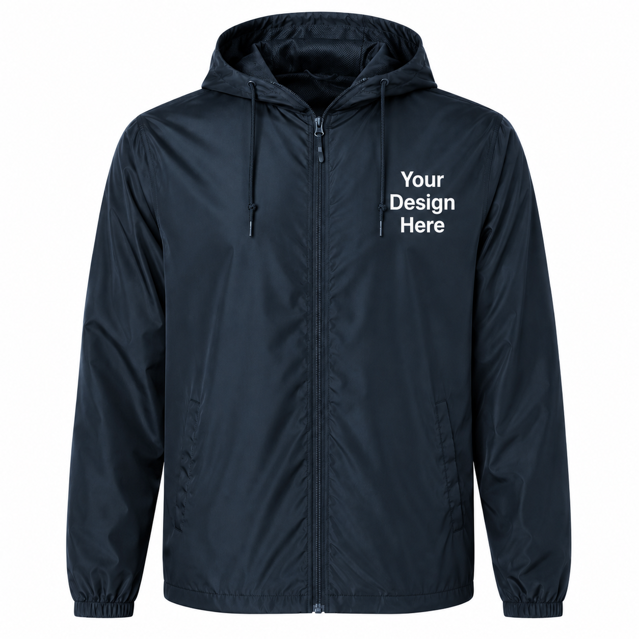 Navy blue custom windbreaker jacket with left chest embroidery and DTF printing for businesses and events.