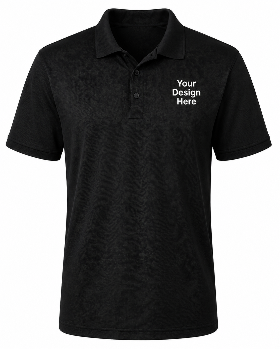 Black custom performance polo with white left chest logo design, moisture-wicking business apparel by Sharp Stitch
