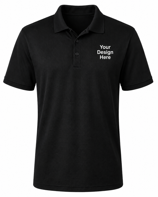 Black custom performance polo with white left chest logo design, moisture-wicking business apparel by Sharp Stitch