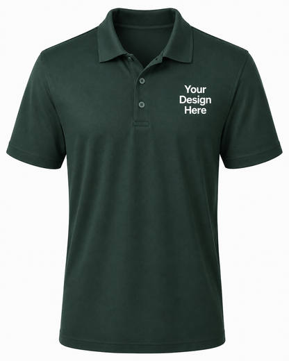 Forest green custom performance polo with white left chest logo design, moisture-wicking workwear by Sharp Stitch