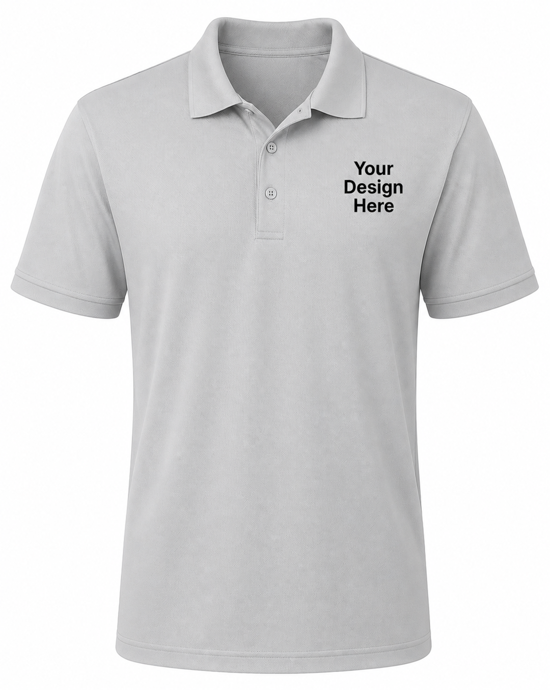 Gray custom performance polo with left chest logo design, moisture-wicking company uniform by Sharp Stitch