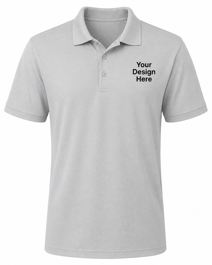 Gray custom performance polo with left chest logo design, moisture-wicking company uniform by Sharp Stitch